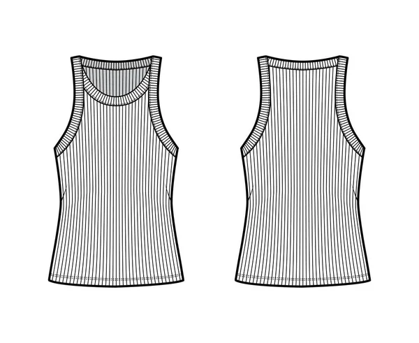 Camiseta acanalada de algodón y jersey técnica ilustración de moda con cuello redondo ancho, corte relajado punto, longitud de la túnica camisola — Vector de stock