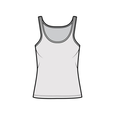 Pamuk forma tankı teknik tasviri kepçe yakalı, rahat formalı, tunik uzunluklu. Düz giyimli gecelik.