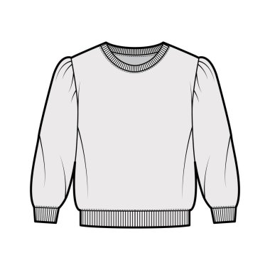 Kırpılmış pamuk-terry sweatshirt kabarık omuzlu, dirsek kollu, kazaklı teknik moda illüstrasyonu