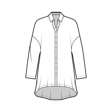 Uzun kollu, normal yakalı, düşük omuzlu, yüksek kenarlı, geniş tişörtlü, teknik tasvirler.
