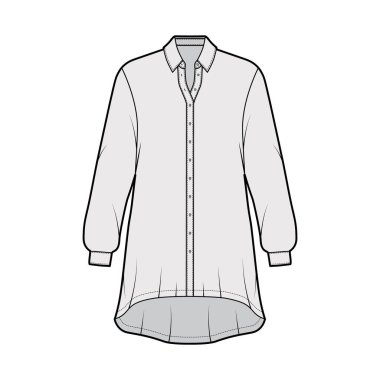 Uzun kollu, normal yakalı, yüksek-alçak kenarlı, düğmeli, geniş tişörtlü, teknik moda çizimi.