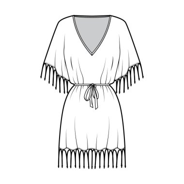 Pürüzlü kaftan elbise teknik tasviri V yakalı, dirsek kollu, diz üstü, büyük boy.