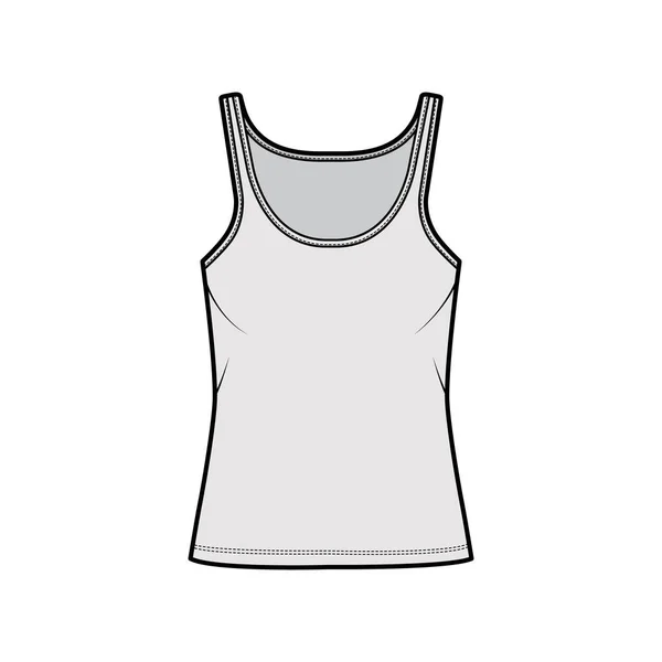 Ilustração de moda técnica de tanque de algodão-jersey com pescoço de colher, ajuste relaxado, comprimento de túnica. Camisola de roupa plana —  Vetores de Stock
