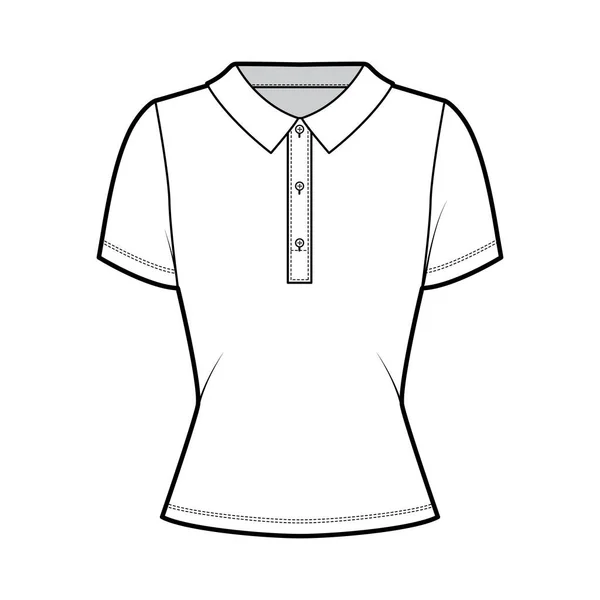 Poloshirt technische Mode-Illustration mit kurzen Ärmeln aus Baumwolle-Jersey, tailliertem Körper, Knöpfen an der Vorderseite — Stockvektor