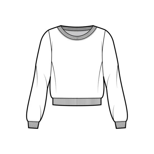 Bomull-frotté tröja teknisk mode illustration med avslappnad passform, scoop halsringning, långa ärmar, ribbade band — Stock vektor