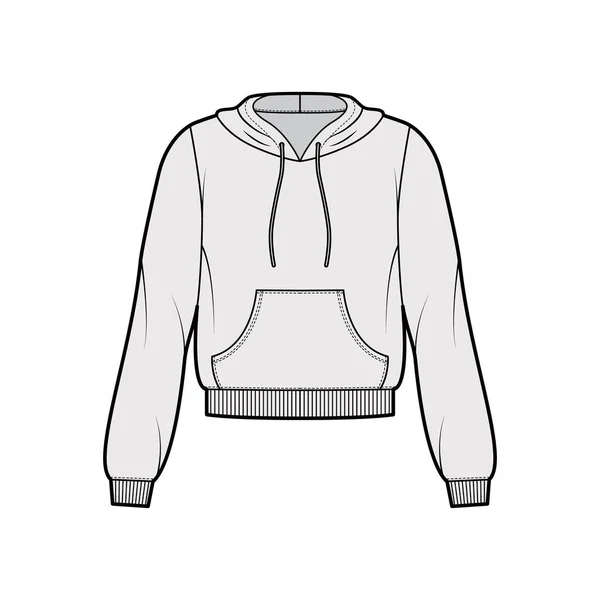 Sweat à capuche en coton polaire illustration de mode technique avec coupe décontractée, manches longues, garnitures côtelées, pull de poche avant — Image vectorielle