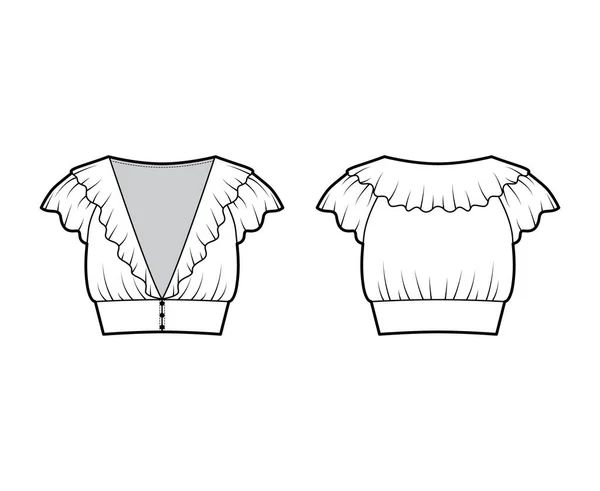 Ruffled blusa recortada ilustração de moda técnica com mangas de vibração curtas, fechos de botão frontal, corpo equipado — Vetor de Stock