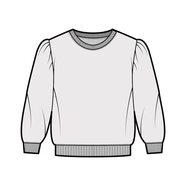 Zugeschnittene Baumwolle-Frottee Sweatshirt technische Mode Illustration mit gepufften Schultern, Ellenbogenärmeln, Rippstrickbündchen Pullover — Stockvektor