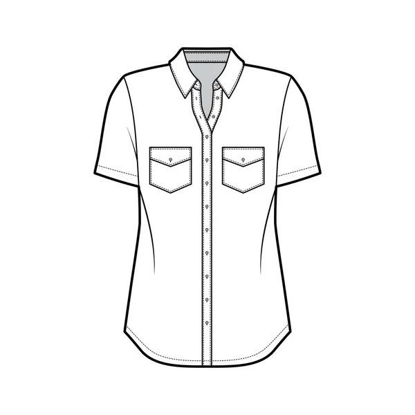 Ilustración de moda técnica de camisa clásica con bolsillos en ángulo, mangas cortas, ajuste relajante, cierre de botón delantero — Vector de stock