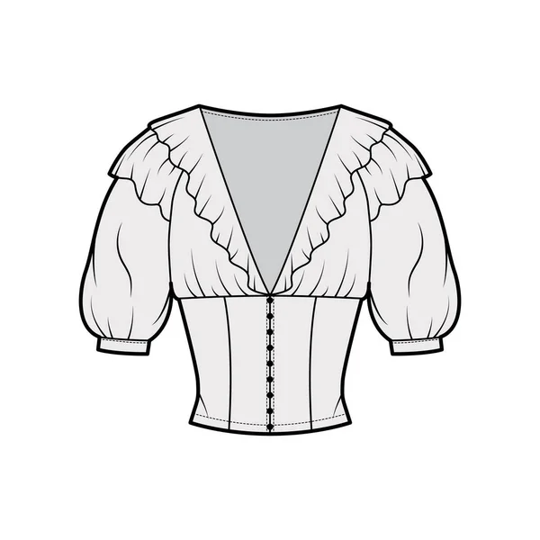 Ruffled blusa recortada técnica moda ilustração com mangas de sopro de cotovelo, fechos de botão frontal, corpo equipado. —  Vetores de Stock
