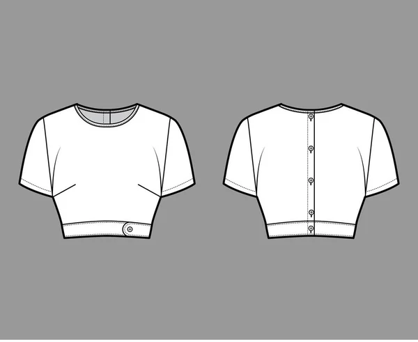 Unter der Brust Crop Top technische Mode Illustration mit schlanker Passform, Rundhalsausschnitt, Rücken Knopfverschlüsse, kurze Ärmel. — Stockvektor