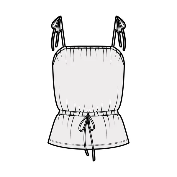 Camiseta de algodón-jersey ilustración técnica de moda con correas de sujeción, cintura con cordón, longitud de túnica. arriba — Archivo Imágenes Vectoriales