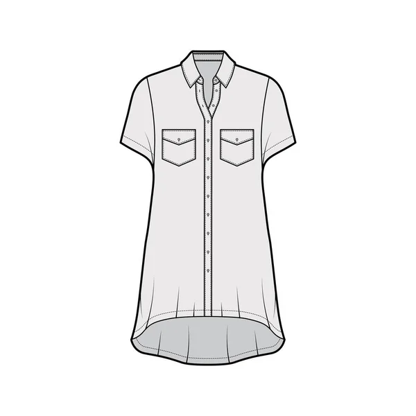 Vestido de camisa de grandes dimensões ilustração de moda técnica com bolsos angulados, mangas curtas, colarinho regular, bainha alta-baixa. —  Vetores de Stock