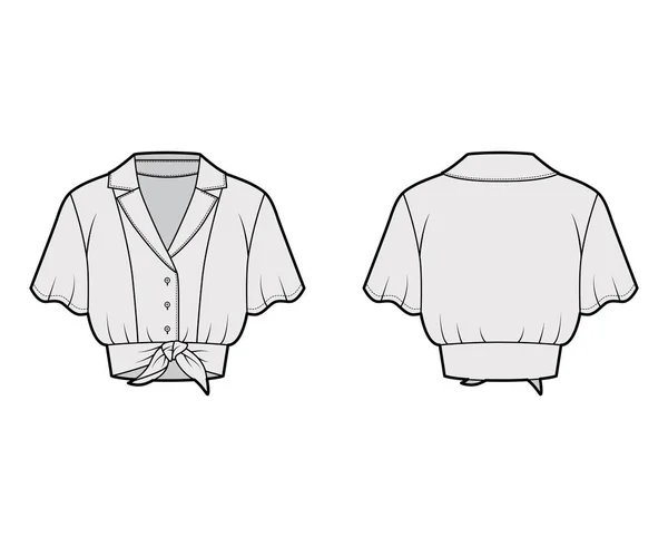 Tie-front corte camisa técnica moda ilustração com colarinho de acampamento, mangas de círculo curto, fechos de botão frontal —  Vetores de Stock