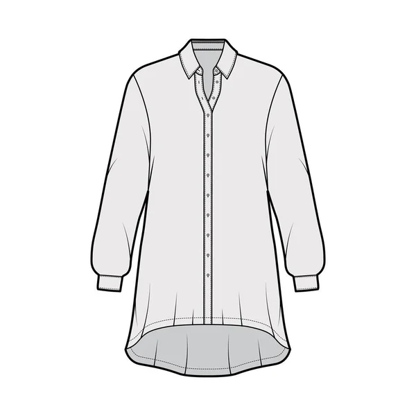 Vestido de camisa sobredimensionado ilustración técnica de moda con mangas largas, cuello regular, dobladillo alto-bajo, cierre de botón — Vector de stock