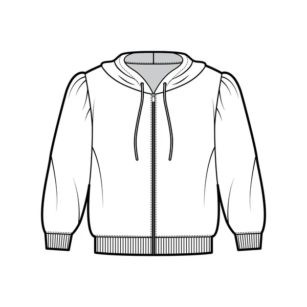 Zip-up corte algodão-jersey capuz técnica ilustração de moda com ombros inchados, mangas de cotovelo, guarnições com nervuras — Vetor de Stock