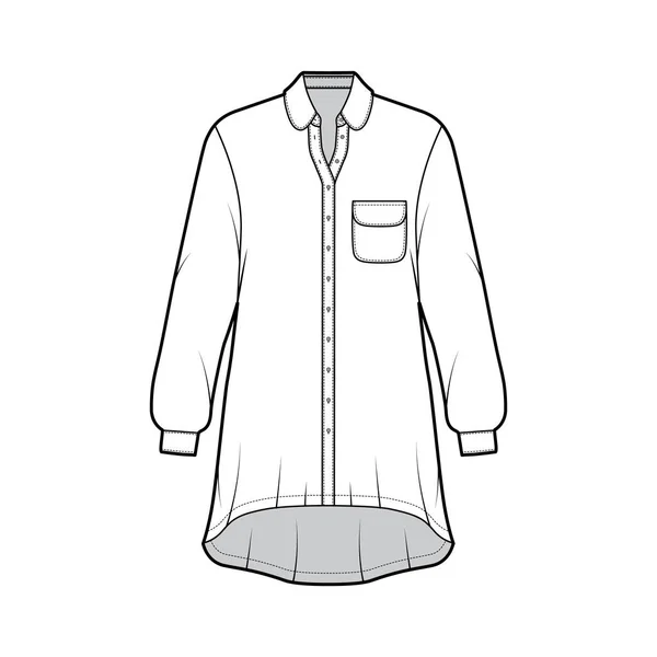Vestido de camisa sobredimensionado ilustración técnica de moda con bolsillo redondeado y cuello, mangas largas, dobladillo alto-bajo — Vector de stock