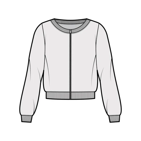 Zip-up algodão-terry sweatshirt técnica ilustração de moda com ajuste relaxado, decote da tripulação, mangas compridas guarnições com nervuras —  Vetores de Stock