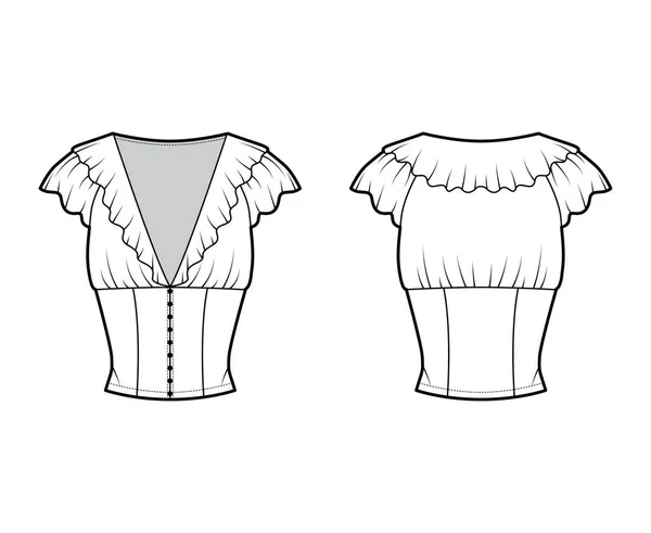 Felborzolt vágott blúz technikai illusztráció rövid lengő ujjakkal, elülső gomb rögzítőelemekkel, felszerelt testtel — Stock Vector