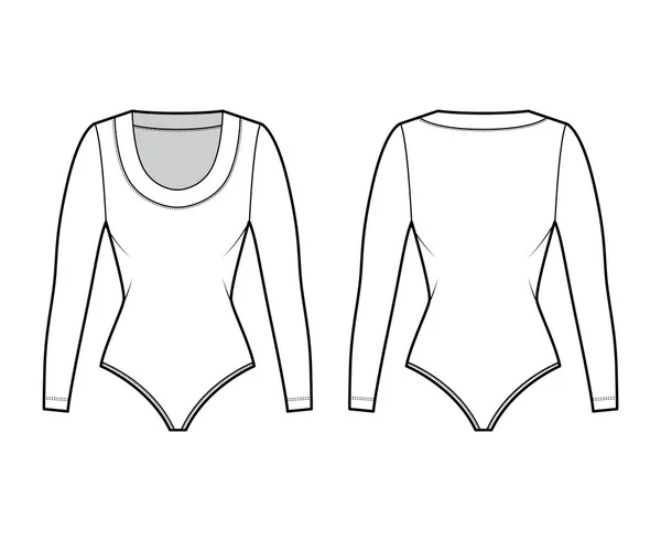 Bodysuit ilustração de moda técnica com decote escavado, mangas compridas, cuecas de cobertura média roupa de uma peça —  Vetores de Stock