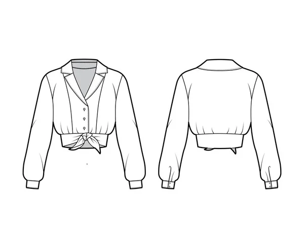 Camisa de corbata delantera recortada ilustración técnica de moda con cuello de campamento, mangas largas con puño, sujeciones de botón delantero — Vector de stock