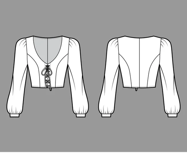 Καλλιεργημένη δαντέλα-up κορυφαία τεχνική απεικόνιση μόδας με μακριά μανίκια επίσκοπος, φουσκωμένοι ώμοι, εξοπλισμένο σώμα. Επίπεδο πουκάμισο — Διανυσματικό Αρχείο