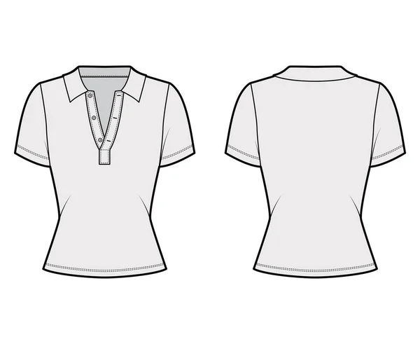 Polo de moda técnica ilustración con mangas cortas de algodón-jersey, cuerpo ajustado, botones a lo largo de la ropa interior delantera — Vector de stock