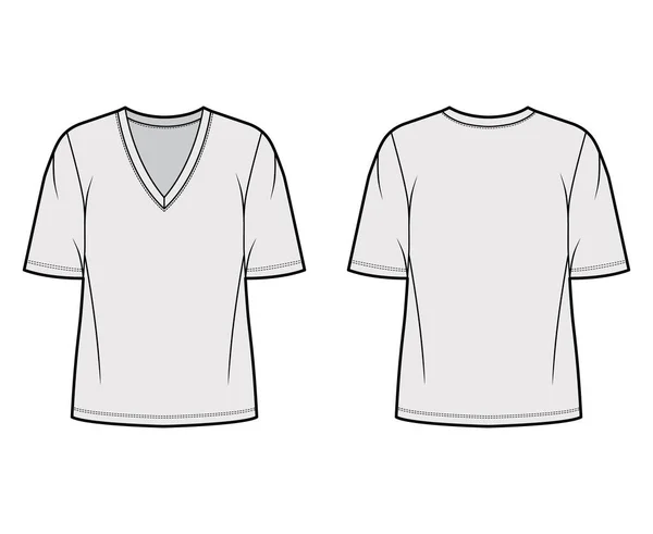 T-shirt in jersey di cotone illustrazione tecnica di moda con scollatura a V, maniche a gomito, lunghezza della tunica, oversize — Vettoriale Stock