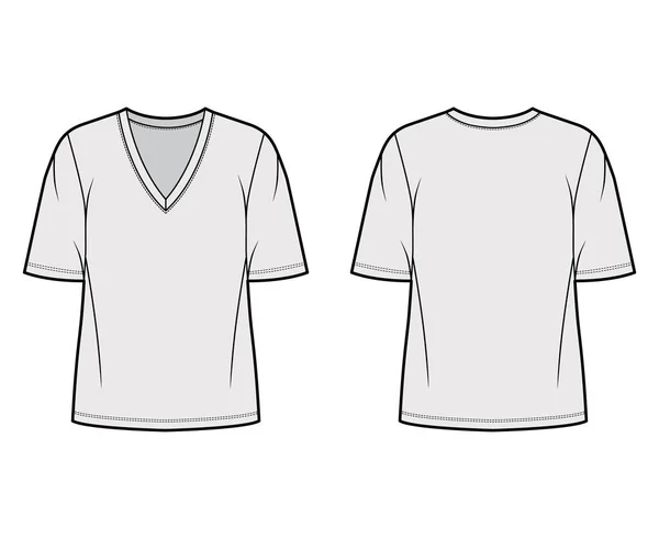 Camiseta de algodón-jersey ilustración técnica de moda con escote en V, mangas de codo, longitud de la túnica, de gran tamaño — Vector de stock