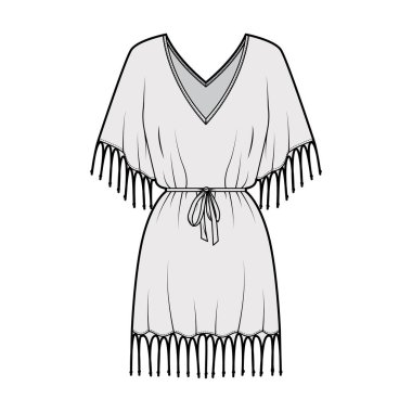 Pürüzlü kaftan elbise teknik tasviri V yakalı, dirsek kollu, diz üstü, büyük boy.