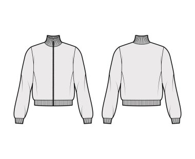 Uzun kollu fermuarlı eşofman üstü, pamuk-formalı, günlük formalı, kurdeleli düz kazaklı teknik moda çizimi.
