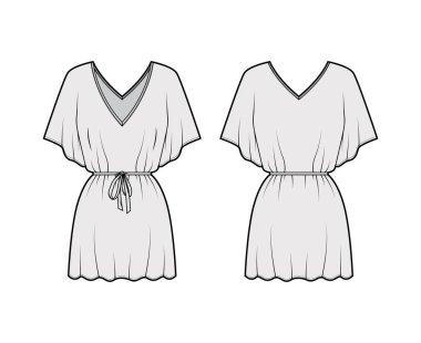 Kaftan elbise teknik tasviri V yakalı, dirsek kollu, diz üstü, büyük boy.