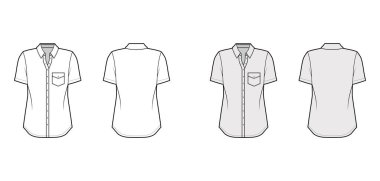 Klasik gömlek teknik tasviri, açılı cebi, kısa kollu, rahat formda, ön düğme takan düz.