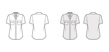 Yuvarlak cepli, yakalı, kısa kollu, düğmeli klasik gömlek teknik tasviri.