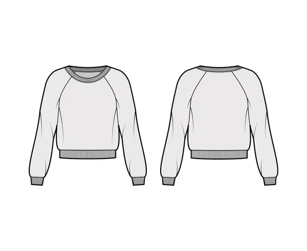 Bomull-frotté tröja teknisk mode illustration med avslappnad passform, scoop halsringning, långa raglan ärmar ribbad kant — Stock vektor