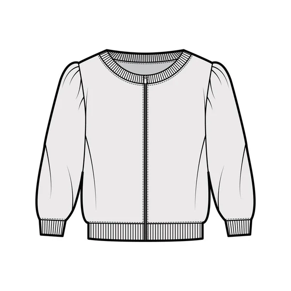 Zip-up cortado algodão-terry sweatshirt técnica ilustração de moda com decote colher, ombros inchados manga de cotovelo — Vetor de Stock