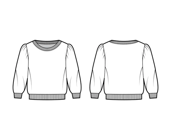 Zugeschnittene Baumwolle-Frottee Sweatshirt technische Mode Illustration mit Schaufelausschnitt, gepuffte Schultern Ellenbogenärmel — Stockvektor