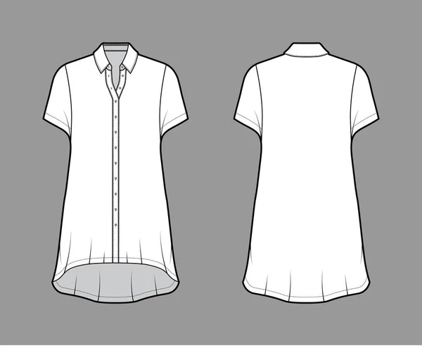 Vestido de camisa de grandes dimensões ilustração de moda técnica com mangas curtas, colarinho regular, bainha alta-baixa, botão de fixação — Vetor de Stock