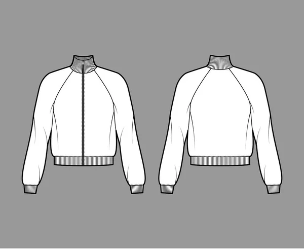 Длиннорукавная толстовка с застежкой-молнией техническая модная иллюстрация с хлопчатобумажной майкой, непринужденной формой, регланом, ребристой отделкой. — стоковый вектор