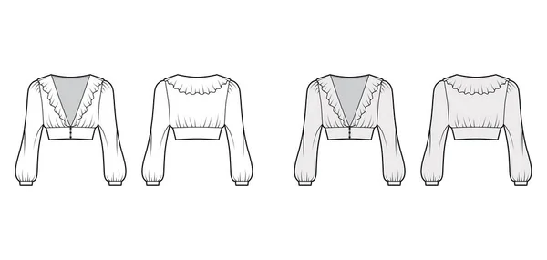 Roes bijgesneden blouse technische mode illustratie met lange bisschop mouwen, opgeblazen schouders voorste knoop bevestigingen — Stockvector