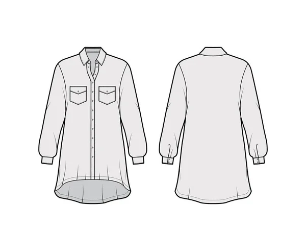 Oversized shirt jurk technische mode illustratie met hoekige zakken, lange mouwen, regelmatige kraag, hoge-lage zoom. — Stockvector