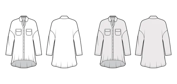 Robe chemise oversize illustration de mode technique avec poches arrondies et col, manches longues, épaules tombantes — Image vectorielle