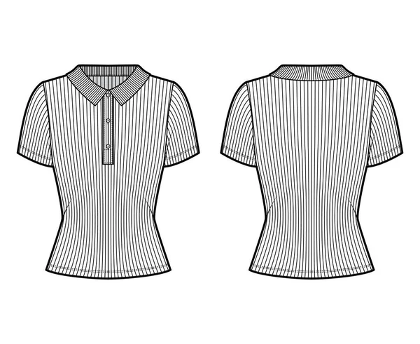 Ребриста бавовняна сорочка поло технічна модна ілюстрація з короткими рукавами, гудзики вздовж передньої частини, тонка посадка . — стоковий вектор