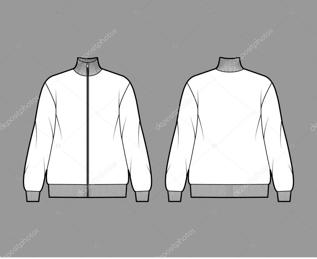 Oversized long-sleeved zip-up sweatshirt technical fashion illustration with cotton-jersey, ribbed trims. Flat outwear 