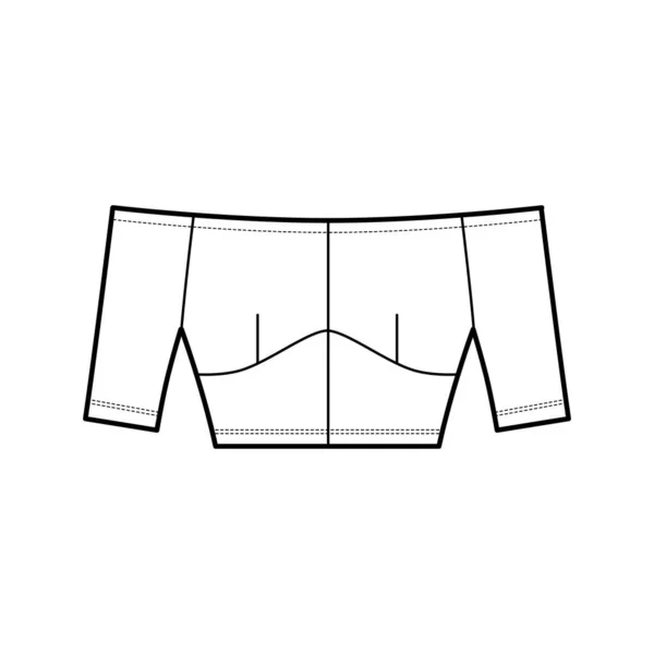 Schulterfreies Top mit technischer Mode-Illustration mit enger Passform, kurzen Ärmeln, verdecktem Reißverschluss am Rücken. — Stockvektor