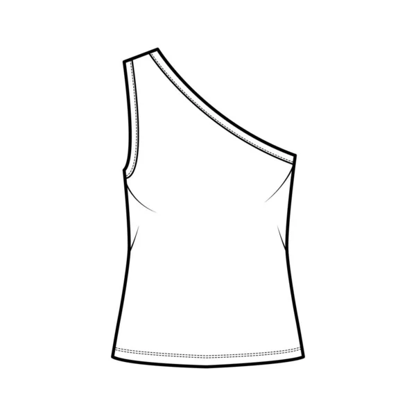 One-shoulder stretch-jersey tank teknisk mode illustration med överdimensionerad kropp, långsträckt nedtill. Platta kläder cami — Stock vektor