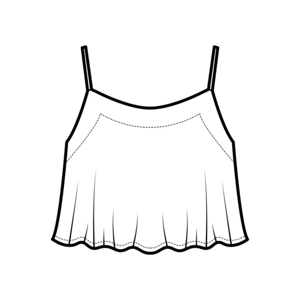 Camisola cortada top técnico moda ilustração com colher pescoço, bainha flare, silhueta solta, tiras, tanque de roupa —  Vetores de Stock