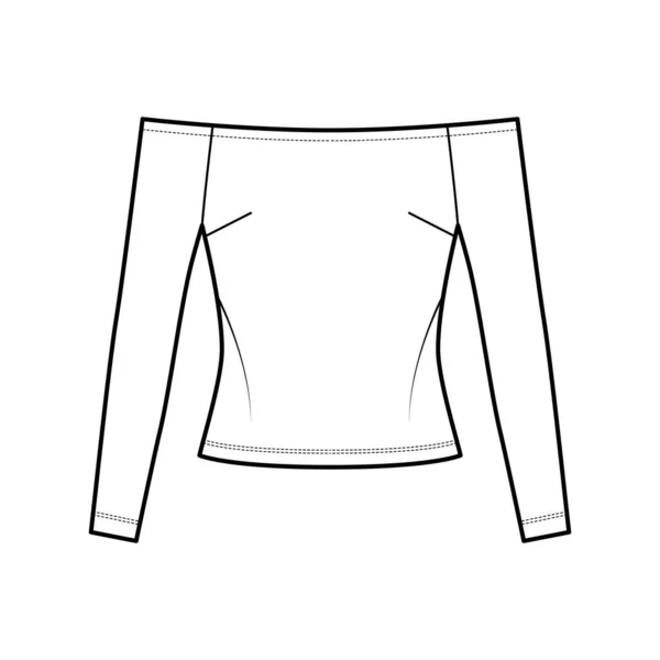 Off-the-shoulder top technische fashion illustratie met nauwe pasvorm, lange mouwen, verborgen ritssluiting langs de achterkant. — Stockvector