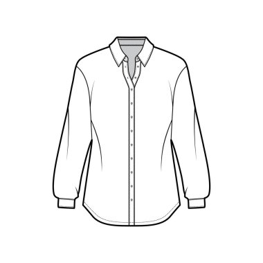 Klasik gömlek teknik tasviri, uzun kollu, manşetli, rahat, ön düğmeli, normal yakalı.
