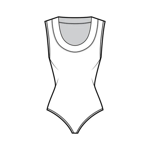 Bodysuit ilustração de moda técnica com decote escavado, mangas, cuecas de cobertura média outwear uma peça — Vetor de Stock